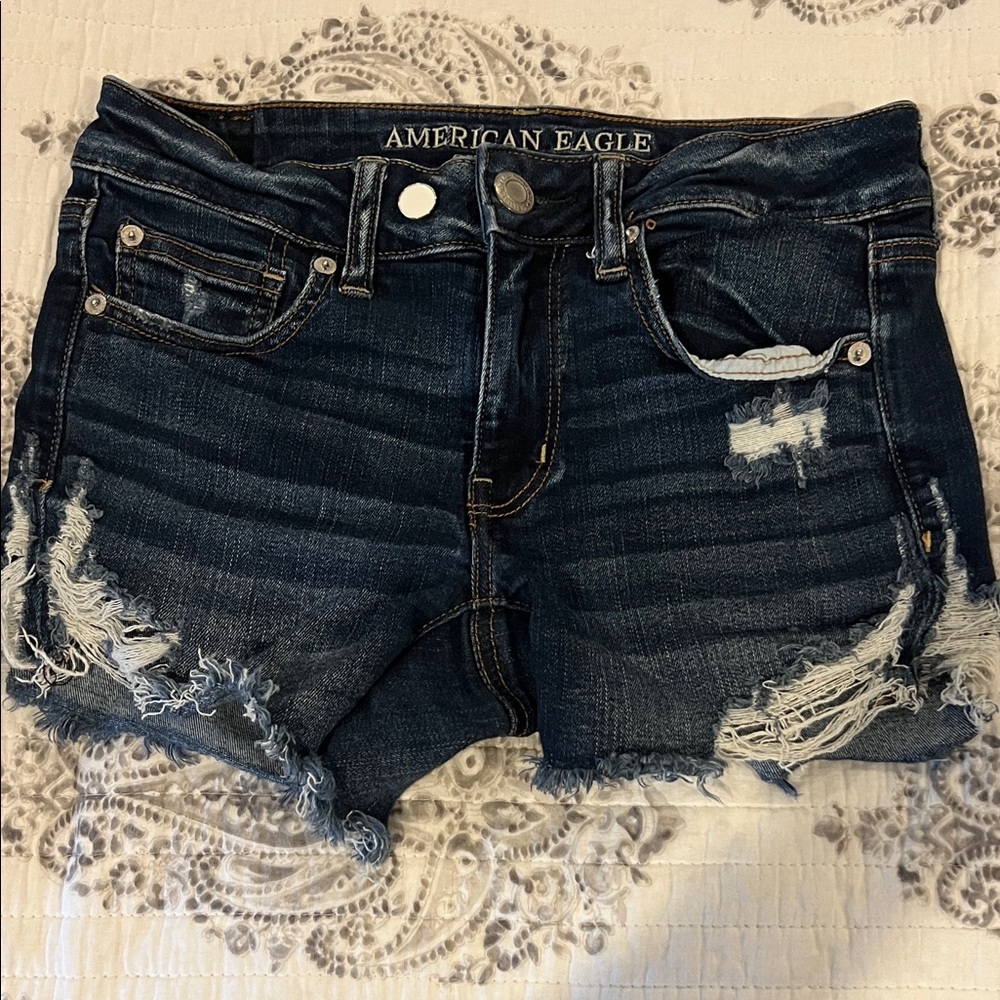 American Eagle Outfitters Ripped Jean Shorts - Dark Blue